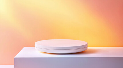 A Sleek Podium with a Matte White Finish and Sharp Edges, Positioned in a Brightly Lit Studio with a Gradient Pastel Pink-to-Orange Backdrop, Ideal for Trendy or Modern Product Photography
