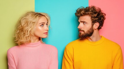 Fototapeta premium Vibrant Contrast: Fashionable Couple in Bold Color-Blocked Background with Curious Expressions