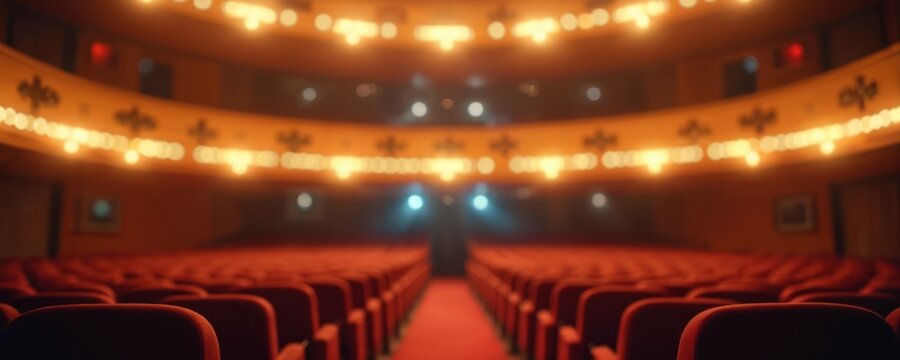 Empty theatre illuminated by lights. The stage, seats and interior are in warm color. Waiting and anticipation of show or event. Red chairs stand in rows, ready for premiere or conference.