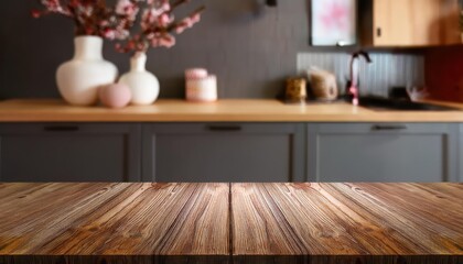 Blurred Drawer with Decorative Accents on Empty Wooden Table in a Minimalist Mockup Setting, Exuding Serene Elegance and Style.