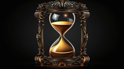 Ornate hourglass in antique frame, golden sand flowing, dark background