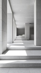 Obraz premium White Concrete Hallway with Columns and Stairs Minimalist Architecture