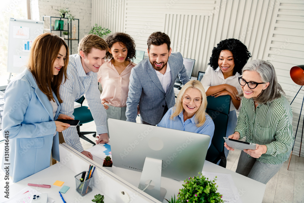 Poster business team collaborating on a project in a modern office setting with a professional and friendly
