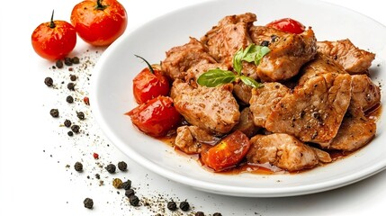 Fototapeta premium Delicious Pork Slices in Savory Sauce with Boiled Tomatoes and Spices on a White Plate