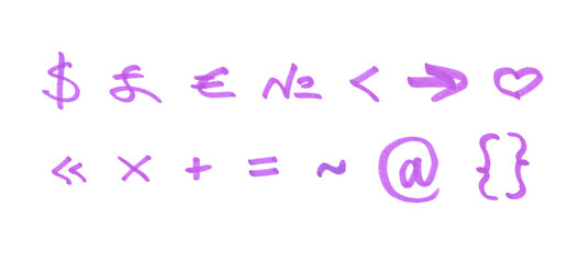 Special Characters and Punctuation Symbol Set, Hand-drawn Marker Glyphs with purple color on Transparent Background