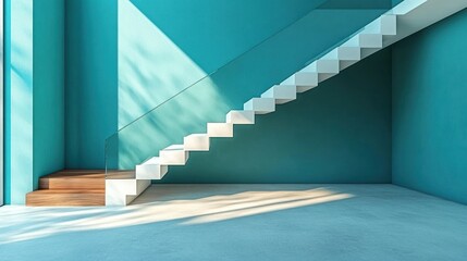 Fototapeta premium Modern teal-walled staircase, sunlight, interior design
