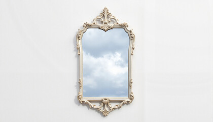 Ornate antique mirror reflecting clouds against white wall, minimalism