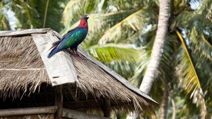 Fototapeta premium Colorful Bird on Thatched Roof, Tropical Setting