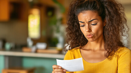 Concerned Woman Reading a Letter in Home Setting - Financial Worry Concept