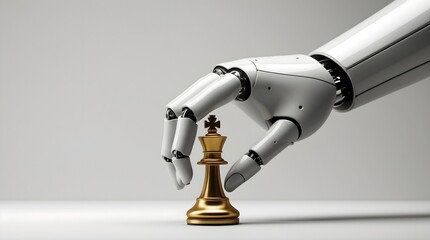 a robot hand holding a piece of chess, space for copy