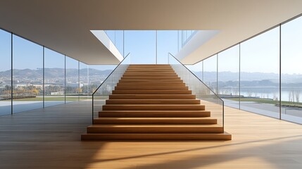 Modern wooden staircase, glass walls, city view, sunlight, architecture