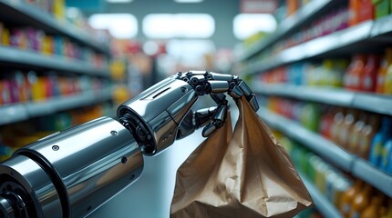 a robot hand holding a grocery kraft paper bag, space for copy