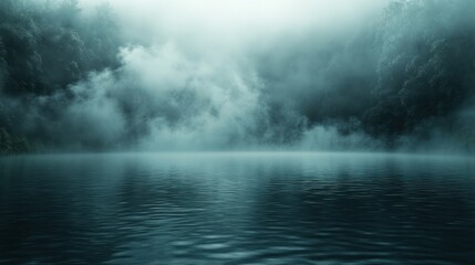 Fototapeta premium Misty lake shrouded in fog, dark forest background.