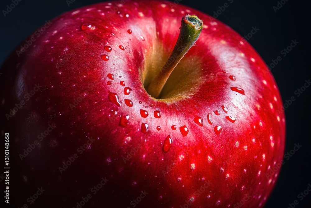 Aufkleber Fresh red apple with droplets on surface showcasing vibrant color and texture against a dark background