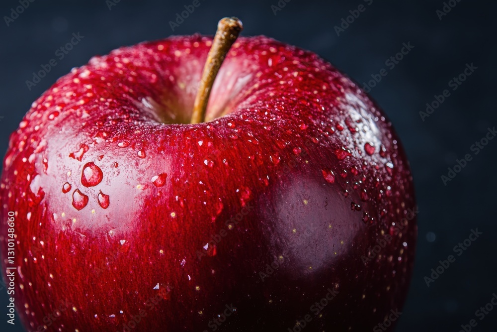 Poster fresh red apple glistening with water droplets against a dark background in a simple and elegant set