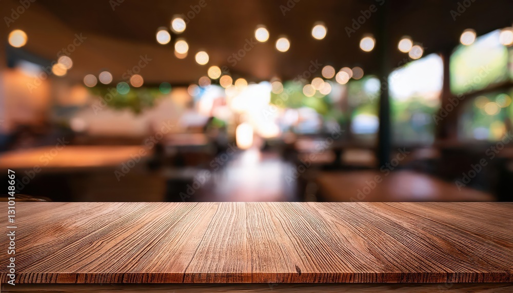 Poster empty wooden table in cafe mockup on blurred background serene minimalist scene with a touch of warm