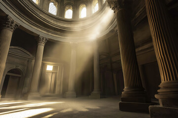 Obraz premium Majestic temple interior bathed in golden sunlight, revealing intricate carvings and grandeur