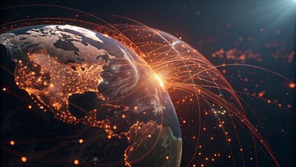 Digital world map and global network connections, representing the concept of international business .