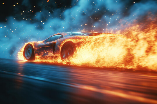 High-speed car acceleration with nitro boost, blue flames igniting raw power