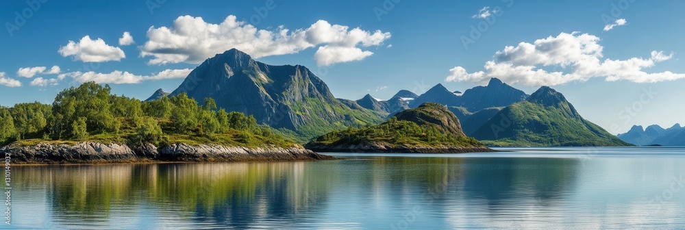 Aufkleber serene mountain landscape with calm water reflecting blue sky and clouds in a picturesque natural se