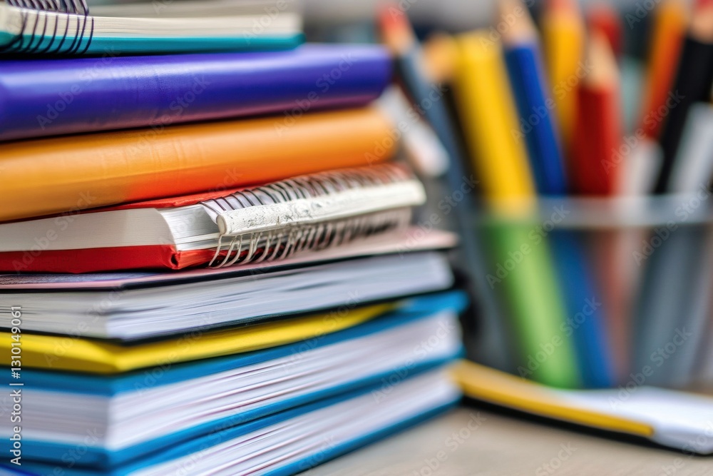 Poster stationery collection with colorful notebooks and pencils arranged on a table