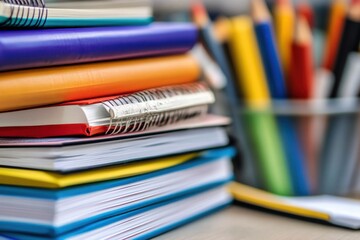 Stationery collection with colorful notebooks and pencils arranged on a table