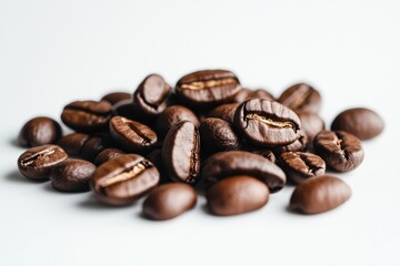 Naklejka premium High-quality roasted coffee beans arranged on a white surface for brewing and tasting