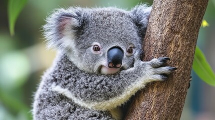 Obraz premium Baby Koala clinging to tree trunk