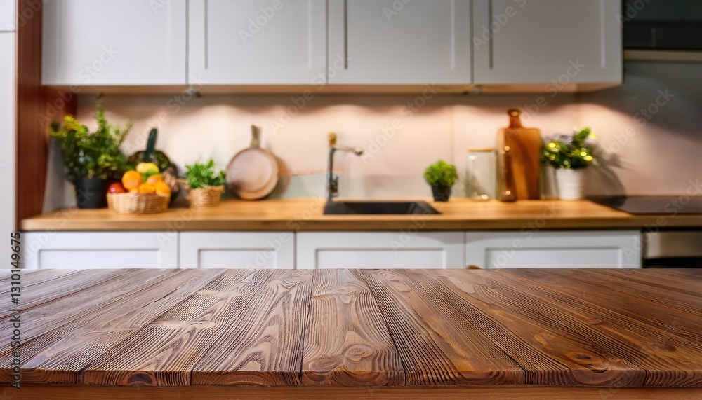Aufkleber empty wooden table in blurred kitchen background a serene vignette of minimalism and mystery, bathed
