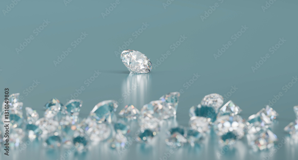 Poster round brilliant diamonds group placed on glossy background 3d rendering main object focusing