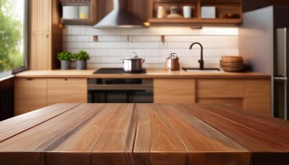 Empty Wooden Table in Blurred Kitchen Ambiance with Warm Tones and Minimalistic Aesthetic, Perfect for Modern Decor or Digital Art