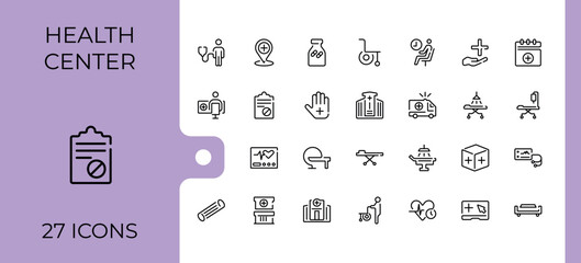 Set of Hospital line icons. Related to building, health, checkup, blood, aid, doctor, consultation, hospital, medicine. Thin icon. Minimalist editable vector stroke.
