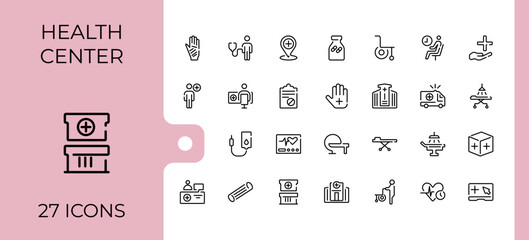 Set of Hospital line icons. Related to building, health, checkup, blood, aid, doctor, consultation, hospital, medicine. Thin icon. Minimalist editable vector stroke.