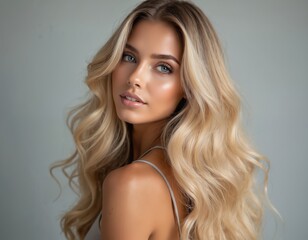 Naklejka premium Blonde long hair model poses for hair salon advertising. Beautiful girl with wavy hairstyle, healthy skin, blue eyes. Hair coloring, styling in beauty salon, beauty industry.