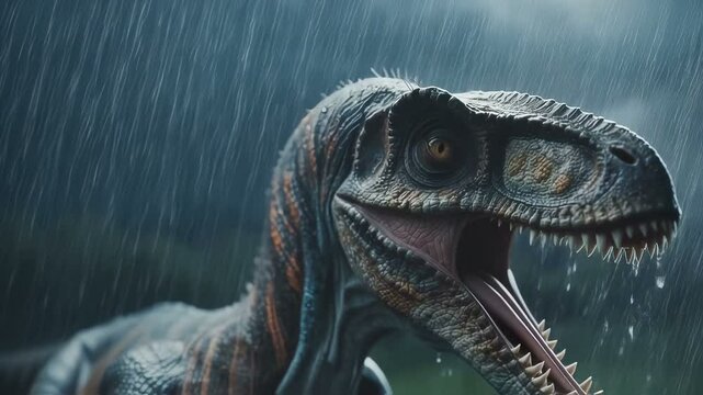 A Velociraptor roars under the rain. Generative AI content of dinosaurs.