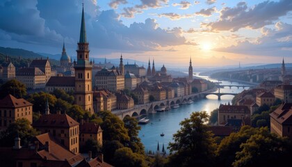 Fototapeta premium Morning light bathes a picturesque cityscape with historic towers and flowing river at dawn