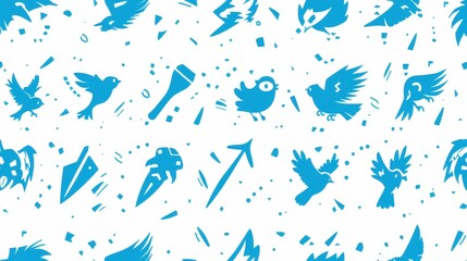 A lively pattern with blue silhouettes of birds, ice cream cones, arrows, and playful shapes against a bright white background, showcasing a whimsical design.