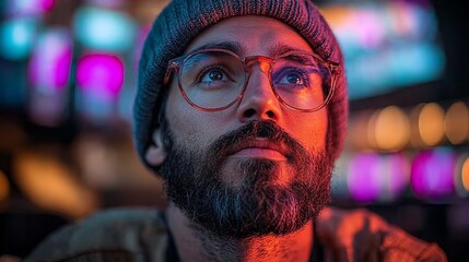 Man with beard and glasses gazes upwards, illuminated by colorful lights, exuding contemplation and modern urban style.