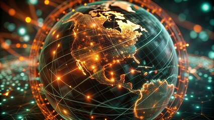 Digital world map and global network connections, representing the concept of international business .