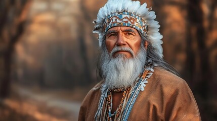 native American man wearing tribal attire, face painted and feather headdress or war bonnet looking at camera