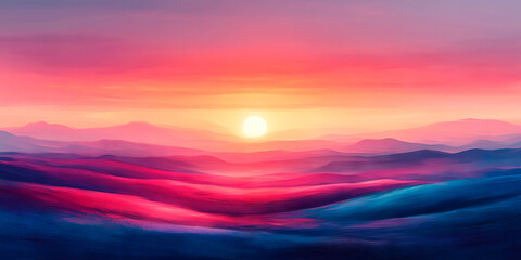 Fototapeta premium A Vibrant Digital Artwork Of A Sunrise Over Rolling Hills, Evoking A Sense Of Peace And Renewal. Ideal For Use In Wellness, Travel, And Inspirational Content, Especially During Spring, Summer Season