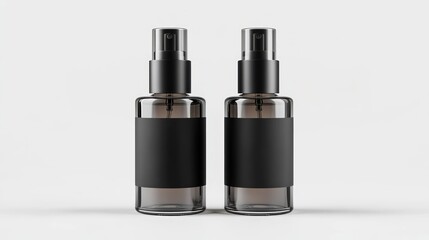 Obraz premium Two dark glass spray bottles with black labels