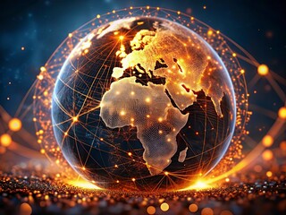 Digital world map and global network connections, representing the concept of international business .