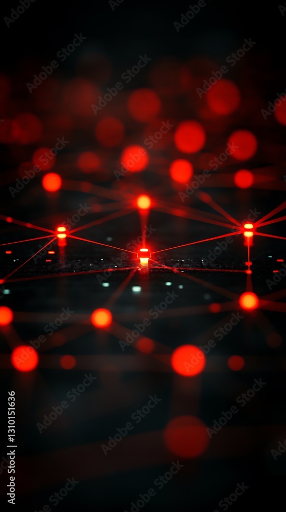 Aufkleber red connected points and lines network on a dark surface glowing