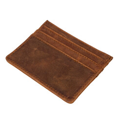 Simple small leather wallet that serves to store a few cards and a little money, isolated on white background