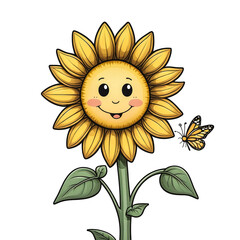 Peeking Sunflower – Doodle-Style Drawing -  a tall, happy sunflower with a cute face peeking over its leafy stem., a tiny butterfly nearby