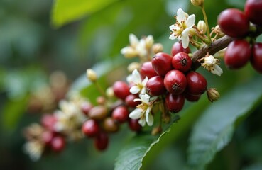Obraz premium Coffee seeds with white flowers grow on a tree at plantation in Panama. Ripe arabica beans, fresh caturra cherries harvest at high altitude farm. Organic ecology agriculture.