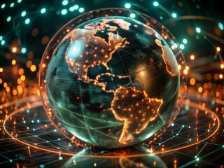 Digital world map and global network connections, representing the concept of international business .