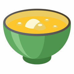 Bowl of vibrant yellow soup with floating ingredients on a white background