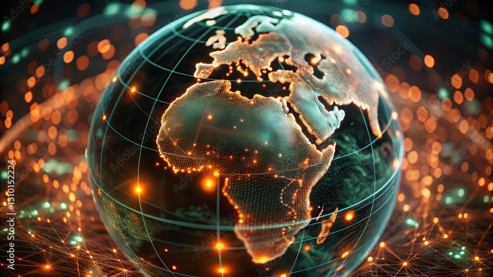 Poster digital world map and global network connections, representing the concept of international business